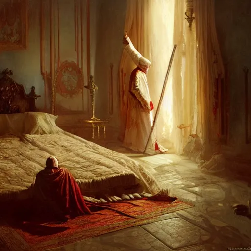 Image similar to the pope is in his bedroom, terrified because demons are attacking him. highly detailed painting by gaston bussiere, greg rutkowski, craig mullins 8 k