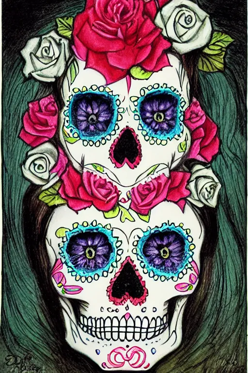 Prompt: Illustration of a sugar skull day of the dead girl, art by Arthur Hughes