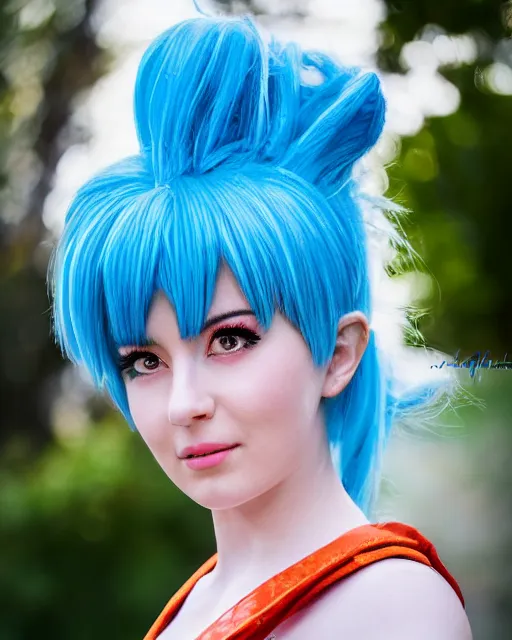 Prompt: Beautiful close highly detailed portrait of a Bulma from DBZ cosplayer in her iconic signature main outfit. Award-winning photography. XF IQ4, 150MP, 50mm, f/1.4, ISO 200, 1/160s, natural light, rule of thirds, symmetrical balance, depth layering, polarizing filter, Sense of Depth, AI enhanced
