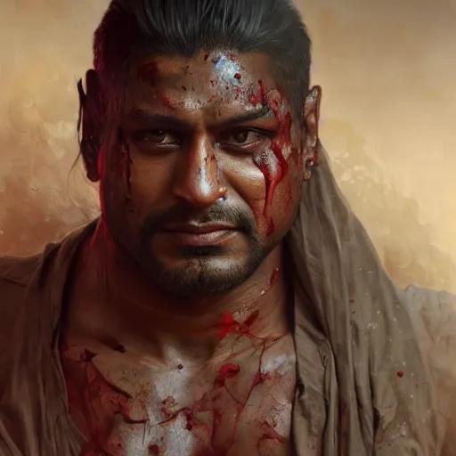 Prompt: portrait painting of a muscular bloodied indian man, ultra realistic, concept art, intricate details, eerie, highly detailed, photorealistic, octane render, 8 k, unreal engine. art by artgerm and greg rutkowski and alphonse mucha