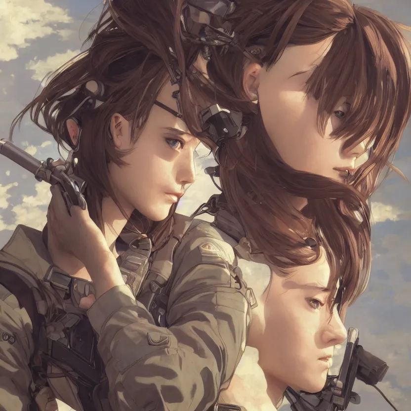 Prompt: a flying girl, fused aircraft parts, military pilot clothing, anime style, short hair, hair down, symmetrical facial features, from arknights, hyper realistic, 4 k, rule of thirds, extreme detail, detailed drawing, trending artstation, hd, realistic lighting, by alphonse mucha, greg rutkowski, shoulder eyes, backlit