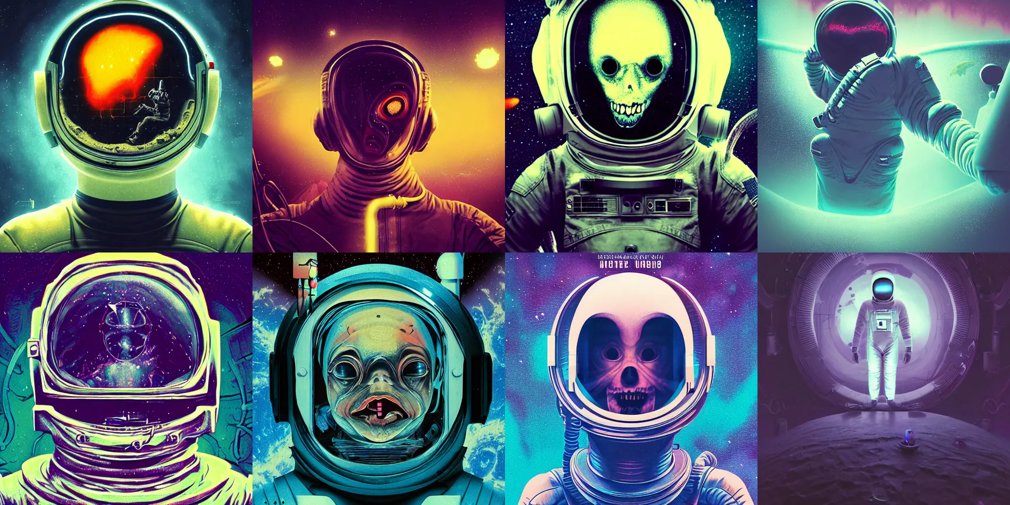 Prompt: scary astronaut, horror poster 9 0 s, cosmic horror, abstract, ghostly, arcade, duotone, poltergeist, lets get weird, intricate, elegant, highly detailed, smooth, sharp focus, unreal engine 5, raytracing, art by beeple and mike winkelmann, ultraviolet colors,