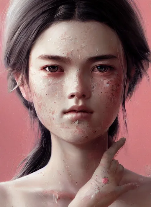 Prompt: girl with shoulder length white hair, rice farmer, beautiful highly detailed face, light freckles, pink pupils, beautiful painting by artgerm and greg rutkowski and raymond swanland