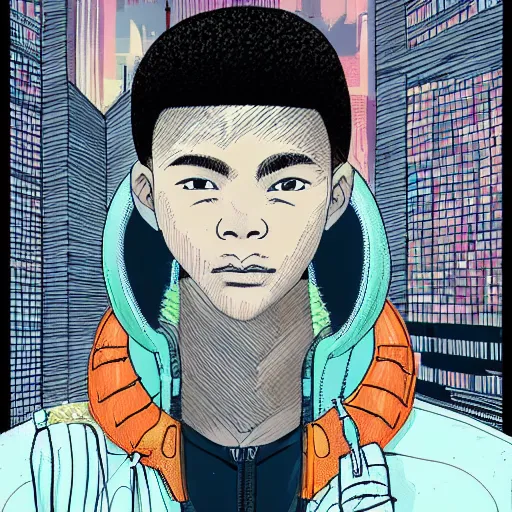 Image similar to in the style of ghostshrimp and deathburger a highly detailed illustration of a young mixed race male explorer wearing a cyberpunk headpiece who is meditating in his bedroom