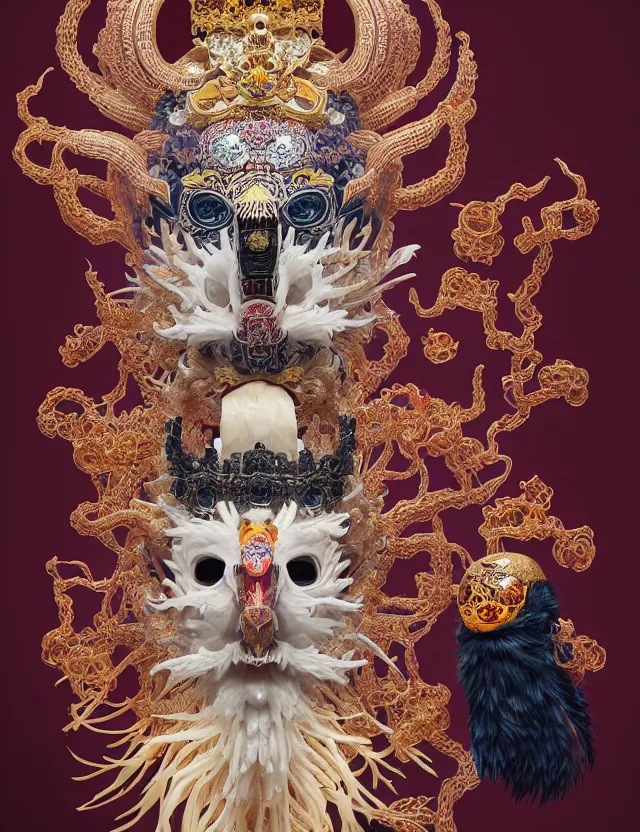 Image similar to the yey of god portrait with mask and crown made of ram skull. beautiful intricately detailed japanese crow kitsune mask and clasical japanese kimono. betta fish, jellyfish phoenix, bioluminescent, plasma, ice, water, wind, creature, super intricate ornaments artwork by tooth wu and wlop and beeple and greg rutkowski