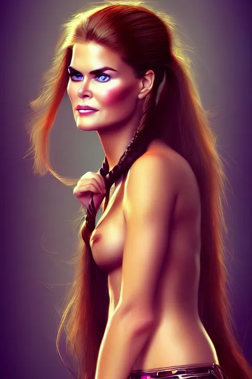 Image similar to mix of beautiful young maria shriver, mariel hemmingway, brooke shields, nicole kidman and elle macpherson as a young amazon warrior, thin lips, hair tied up in a pony tail, dark blonde hair, colorful, artstation, cgsociety