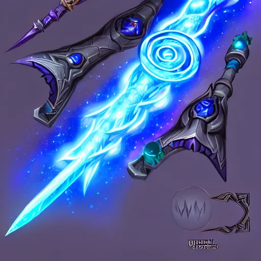 Image similar to bright weapon of warcraft blizzard wizard staff art, a spiral magical wizard staff. bright art masterpiece artstation. 8k, sharp high quality illustration in style of Jose Daniel Cabrera Pena and Leonid Kozienko, blue colored theme, concept art by Tooth Wu,