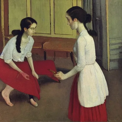 Prompt: painting by Balthus, three women, red and white flowers, mirror