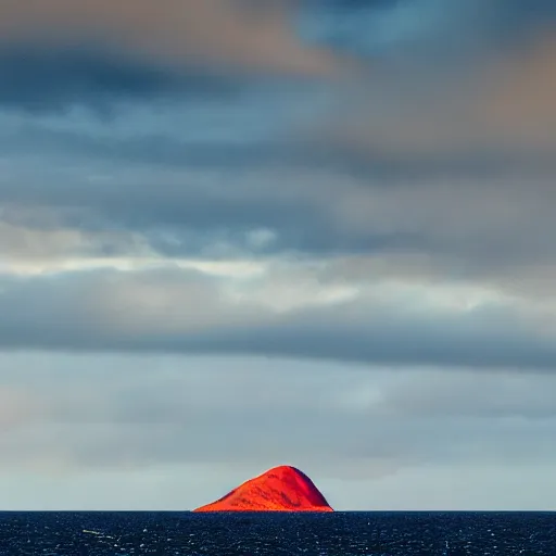 Image similar to a camera capture high resolution photograph of a large flat verdant island with large mountains with red peaks