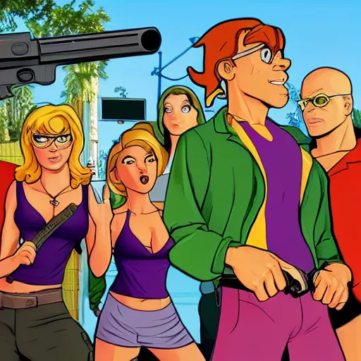 Image similar to Scooby Doo in GTA 5, cover art by stephen Bliss, no text, girls in bikinis in the background, holding a gun, trending on artstation