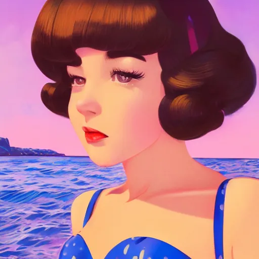 Image similar to portrait of a beautiful girl with dark 1950's style hair dressed in 1950's swimsuit, sunny beach, rich vivid colors, ambient lighting, dynamic lighting, 4k, HQ, official media, anime key visual, makoto shinkai, ilya kuvshinov, lois van baarle, rossdraws, detailed, trending on artstation