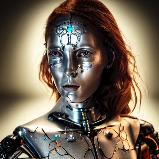 Image similar to beautiful centered fine art photo portrait of romantic beautiful girl with solarpunk robotic humanoid metal mechanical parts with led lights, pudica pose, photorealistic, white background, highly detailed and intricate, soft box lighting, hdr 8 k