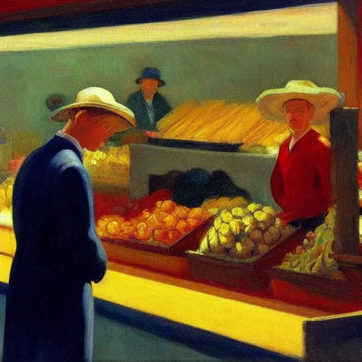 Image similar to a detailed painting, blonde man at a market, edward hopper,