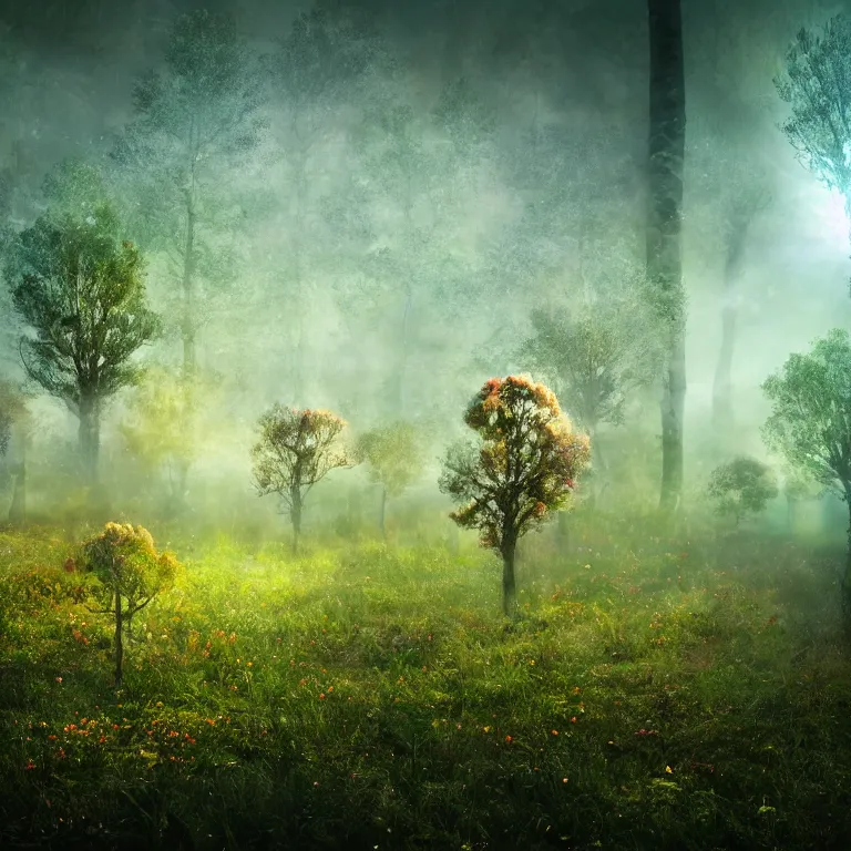 Image similar to a planet of various fungus like trees, mushrooms, flowers and plants, artistic photography, conceptual, long exposure outside the city, volumetric light