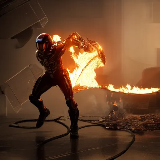 Image similar to prometheus midair with the stolen fire in one hand the other hand streched to prevent a collission. concept art octane render hyperrealistic unreal engine