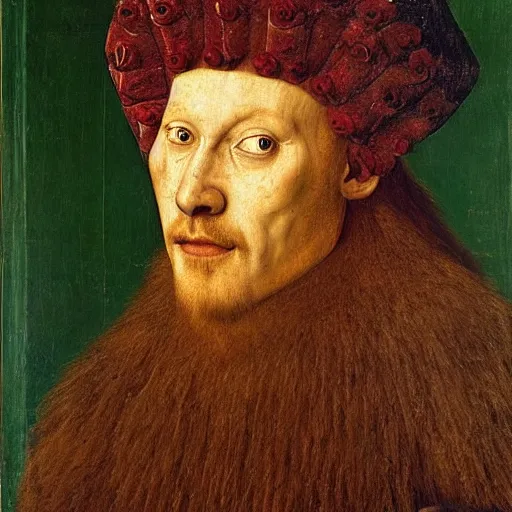 Image similar to portrait of a king with a lions head for a head, oil painting by jan van eyck, northern renaissance art, oil on canvas, wet - on - wet technique, realistic, expressive emotions, intricate textures, illusionistic detail