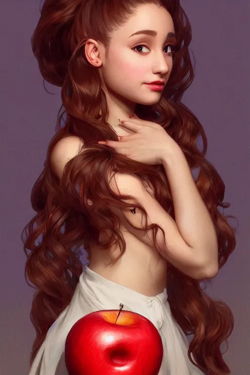 Image similar to beautiful cottagecore Ariana Grande holding a Red Apple, intricate, elegant, highly detailed, digital painting, artstation, concept art, smooth, sharp, focus, illustration, art by artgerm and greg rutkowski and alphonse mucha