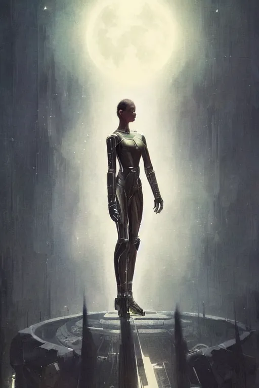 Prompt: An epic Sci-fi character art full portrait of a female Android at the first Olympic moon games, by Greg Rutkowski, Frank Frazetta, Felix Kelly, very beautiful, Olympus, Exquisite detail, post-processing, masterpiece, cinematic, coliseum, god rays