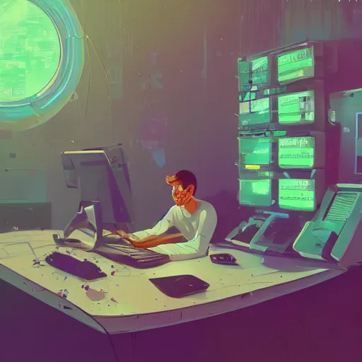 Image similar to a man sitting at a computer in a messy cluttered room, cyberpunk art by Victor Mosquera, Anton Fadeev, omineAdrian theCHAMBA, behance contest winner, pixiv contest winner, tumblr contest winner, panfuturism, deconstructivism, parallax, https://i.ibb.co/Wz2Fw91/sebastian-szmyd-vhs-cyberpunk-2.jpg