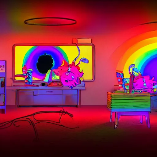 Prompt: 3D Dr. Suess environment in a blacklight laboratory with a scientist experimenting with box TVs and rainbows. beautiful lighting. highly detailed digital art. trending on Behance.