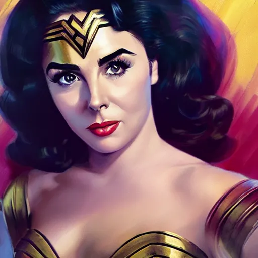 Prompt: portrait of elizabeth taylor as wonder woman. portrait, concept art, sharp focus, smooth, artstation, by alex ross, by huang guangjian and gil elvgren and sachin teng