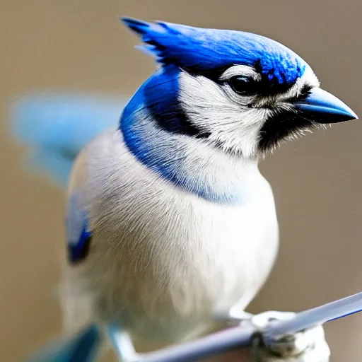 Image similar to 4 k photograph of a blue jay wearing headphones