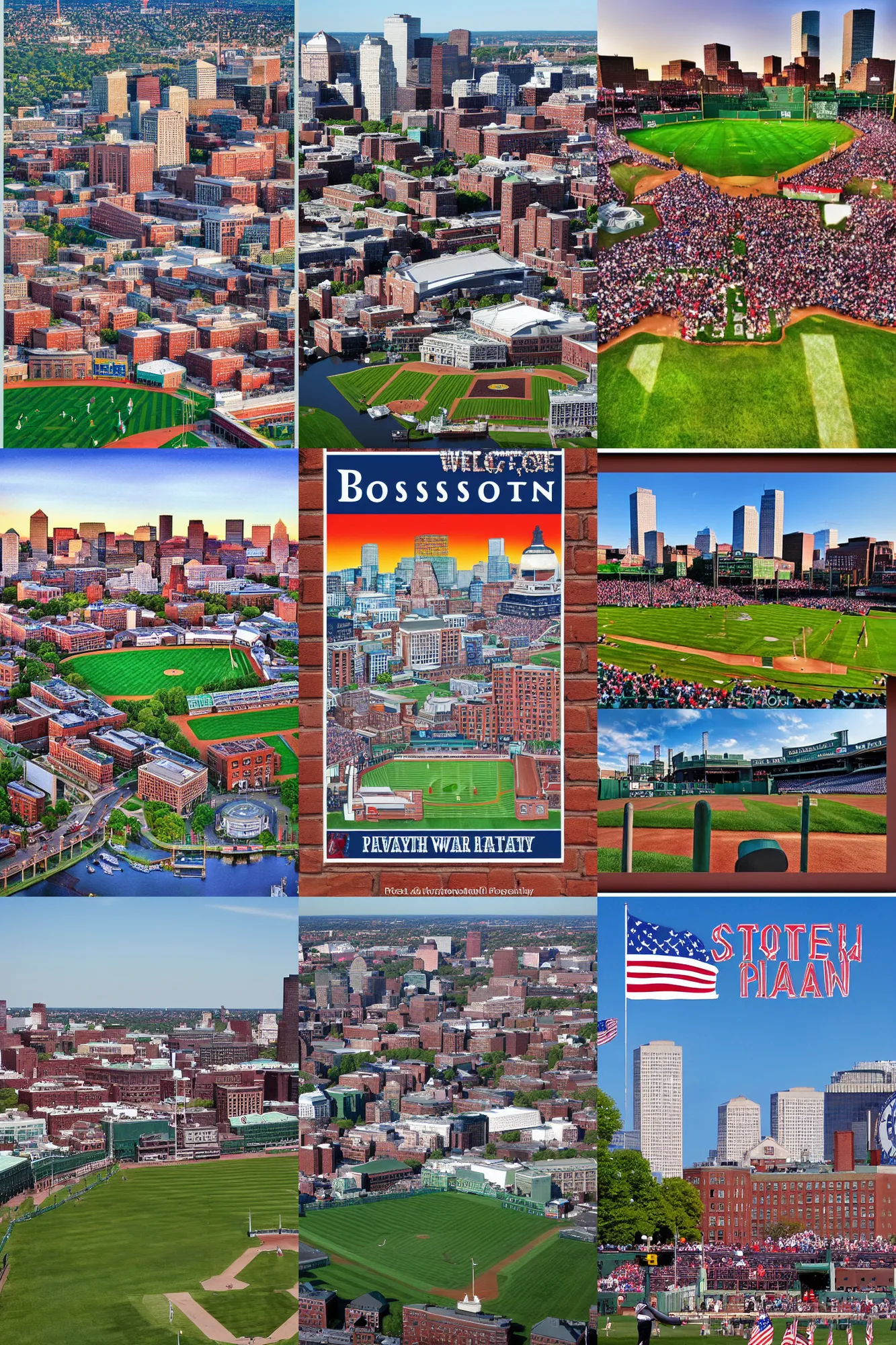 Prompt: welcome to Boston! Fenway Park, Charles River, State House, Patriots, Tea Party, vibrant Tourism Poster