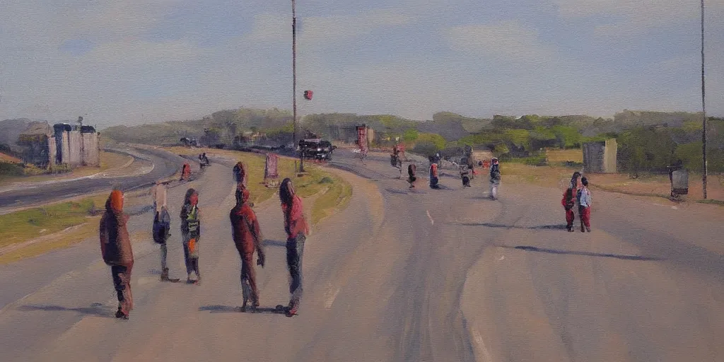 Image similar to People strolling along the highway, Martin Handford painting style.