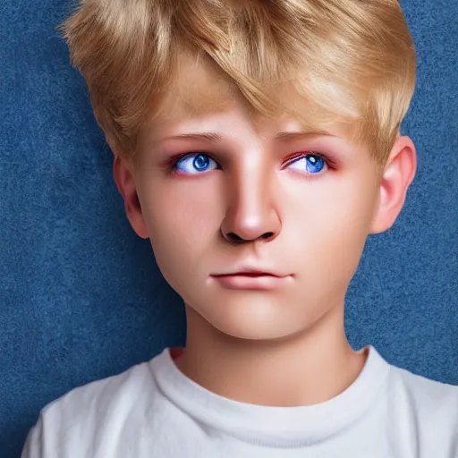 Prompt: portrait of a boy with his hand on his face, extremely realistic and real, photorealistic, blonde hair and blue eyes, detailed facial structure, real eyes that are detailed, real hands