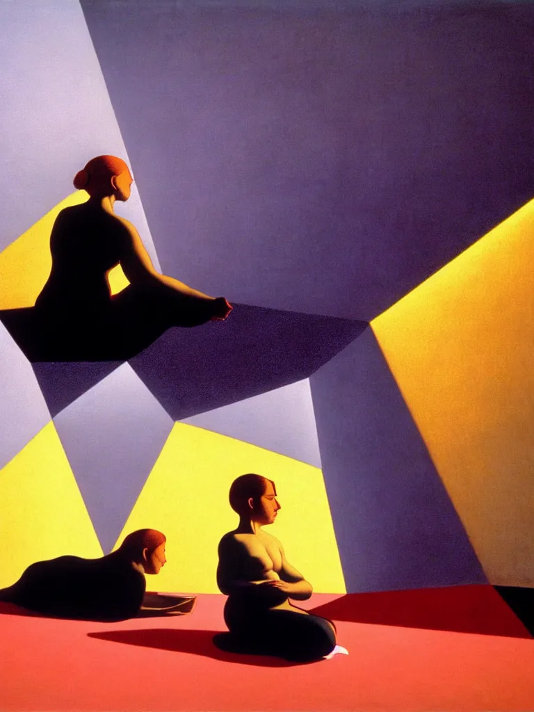 Prompt: hyperrealistic still life wide shot a woman sitting on the ground relaxing, sacred geometry, light refracting through prisms, by caravaggio, surrealism, vivid colors, serene, golden ratio, rule of thirds, negative space, minimalist composition, by rene magritte and james turrell
