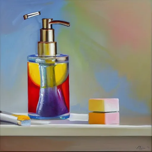 Prompt: a colorful painting of a faucet and soap dispenser, an airbrush painting by janet fish trending on artstation, ( ( ( hyper realism ) ) ), oil on canvas, detailed painting