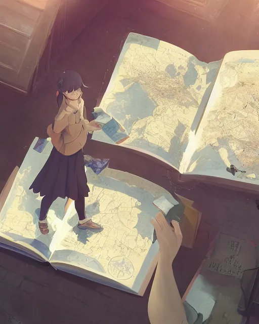 Image similar to a girl reading a map, full shot, atmospheric lighting, detailed face, by makoto shinkai, stanley artger m lau, wlop, rossdraws, james jean, andrei riabovitchev, marc simonetti, krenz c