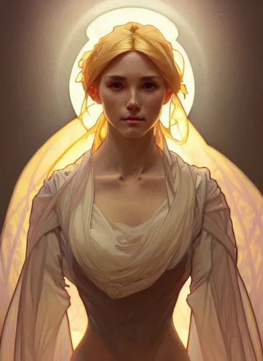 Image similar to digital character concept art by artgerm and greg rutkowski and alphonse mucha. clear portrait of a shy modern wife blessed by god to grow immaculately perfect!! blonde, in clothes! gifted holy body! light effect. hyper detailed, glowing lights!! intricate, elegant, fertility, digital painting, artstation, smooth, sharp focus