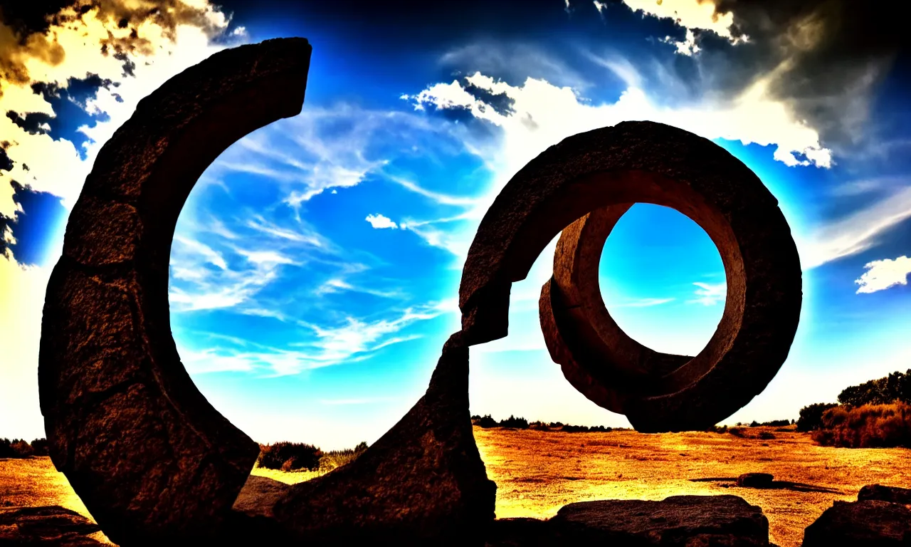 Image similar to round stargate made of stone, cinematic view, epic sky