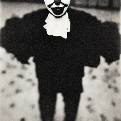 Prompt: portrait of a clown by Diane Arbus, 50mm, black and white