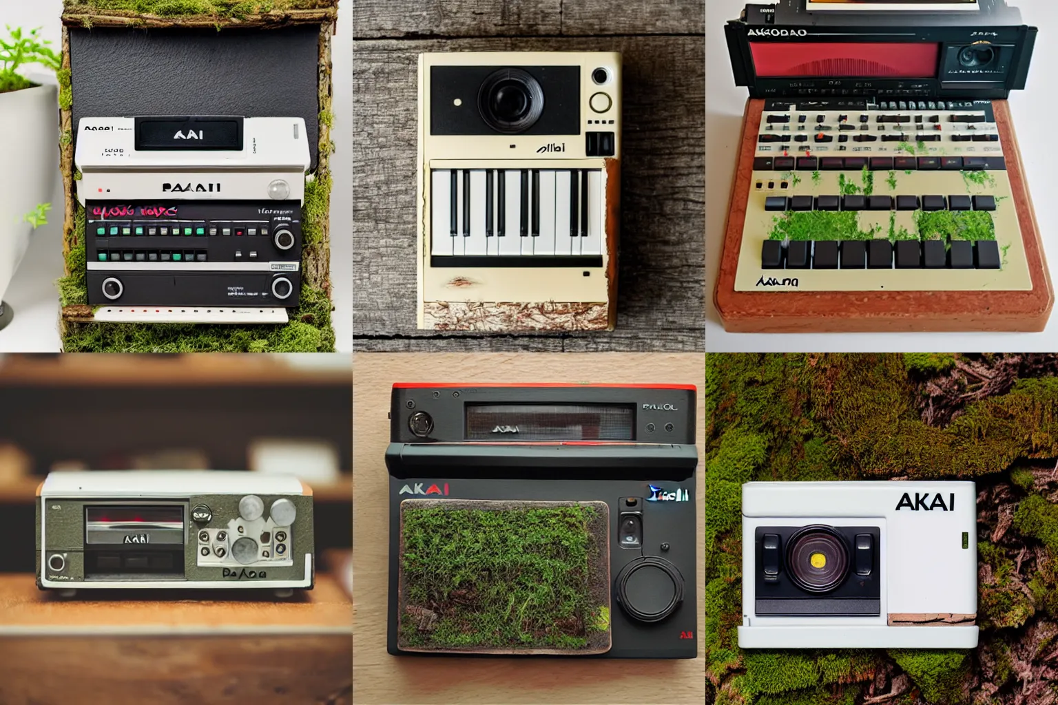 Prompt: a polaroid photograph of an Akai MPC 60 made out of bark and moss