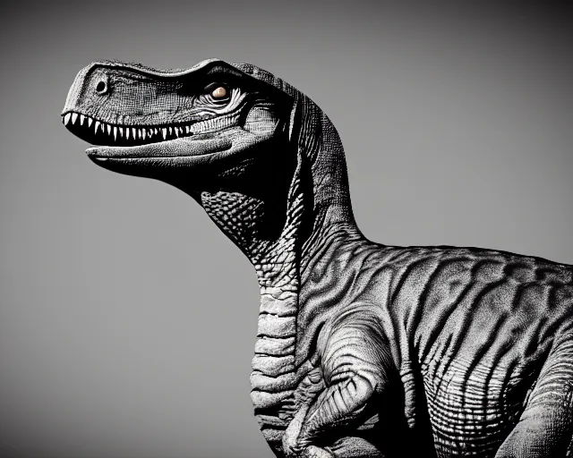 Image similar to hyper realistic vintage photograph of a real dinosaur, ultra detailed, grain, old, monochrome, sepia toned, realistic lighting, wide angle