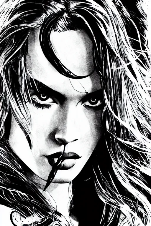 Image similar to dream of a film still from sin city, closeup portrait of film noir megan fox private detective, detailed illustration, digital art, trending on artstation, frank miller, martin ansin, movie poster,