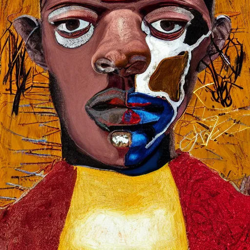 Prompt: a professionally painted african male model , clothed in ancient street wear, dark skin, red gold hair, beautiful bone structure, big symmetrical scar features, stunningly, beautiful, intricate, elegant, digital painting, smooth, sharp focus, illustration, made by Jacob Lawrence, Sam Gilliam, Edmonia Lewis, Jean-Michel Basquiat