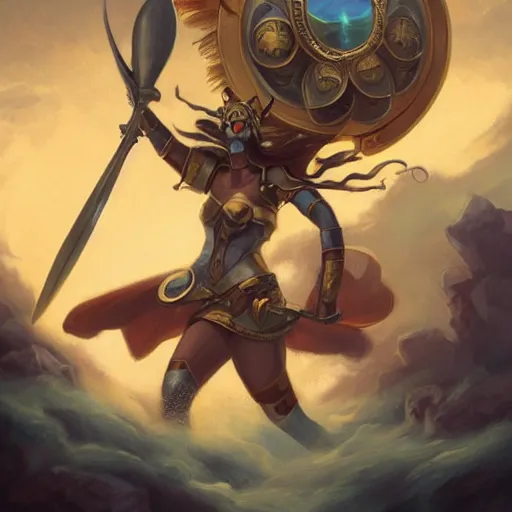 Prompt: Athena of Abyssinia defeats Chronos with gold throwing disc, by Peter Mohrbacher:5 Trending on Artstation:5
