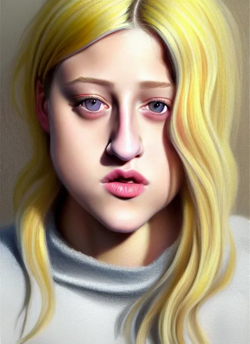 Image similar to full body portrait, teenage lili reinhart, blonde hair, obese, bangs, ponytail, sultry, realistic, sweater, fluffy bangs, fully clothed, curly bangs, fat, belly, intricate, elegant, highly detailed, digital painting, artstation, concept art, smooth, sharp focus, illustration, art by wlop, mars ravelo and greg rutkowski