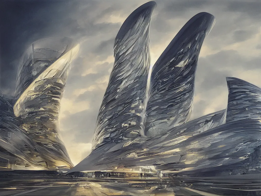 Prompt: a painting of a niemeyer and zaha hadid building, by patrick brown, annibale carracci, artstation