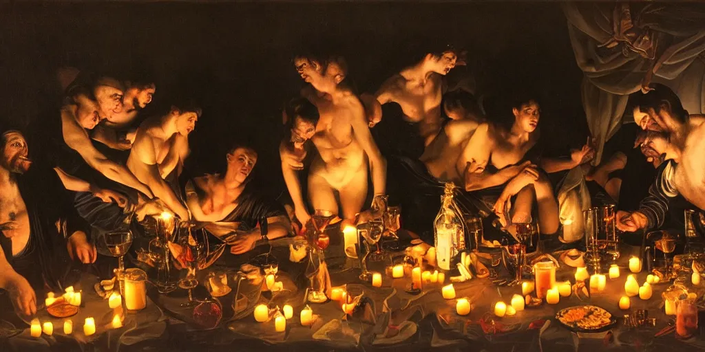 Prompt: a party at midnight by caravaggio, indoors, bay area, candles, hot tub, friendship, fun, peyote colors, cinematic, rule of thirds composition