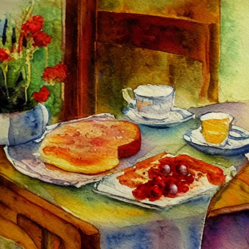 Image similar to impressionism watercolor painting of a large breakfast