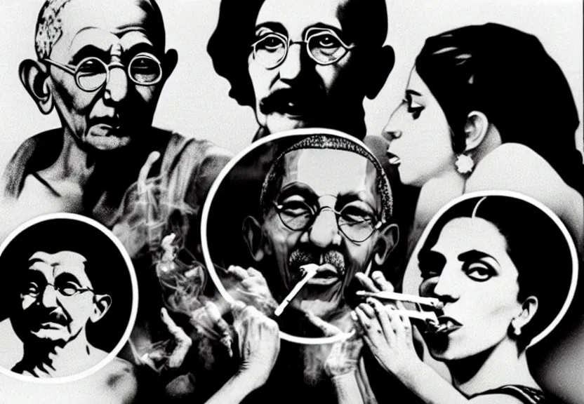 Prompt: Gandhi , Obama, Jesus, And Lady GaGa sharing a joint smoking in a circle, photograph credit: AP, Andy Warhol, photograph, by Beeple