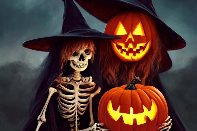 Prompt: portrait of a skeleton with a witch hat holding a jack - o - lantern, halloween night, charlie bowater, artgerm, ilya kuvshinov, krenz cushart, ruan jia, realism, ultra detailed, 8 k resolution