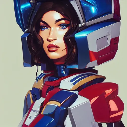 Image similar to portrait of stunning megan fox gundam pilot, with an intricate, detailed, urban inspired hiphop afro futuristic helmet, vector behance hd jesper ejsing, rhads, makoto shinkai, lois van baarle, ilya kuvshinov, rossdraws, hd, 3 2 k, ilya kuvshinov, gustav klimt