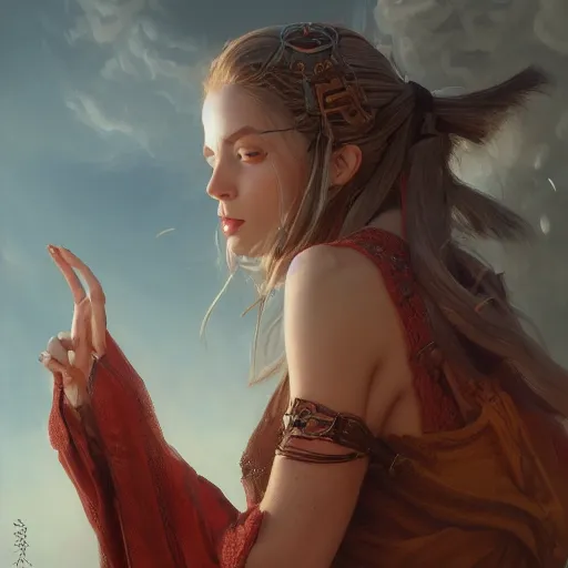 Image similar to Beautiful female wizard, 4k oil on linen by wlop, artgerm, andrei riabovitchev, nuri iyem, james gurney, james jean, greg rutkowski, highly detailed, soft lighting 8k resolution