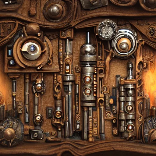 Prompt: in a cyberpunk steampunk futuristic setting, , inside an ancient and surreal room of carved wood there is a surreal ancient doctor's bag open with test tubes, stills and ampoules inside that contain universes, space storms and alien worlds.full of details, hyper realistic, trending on artstation, 8K, HD