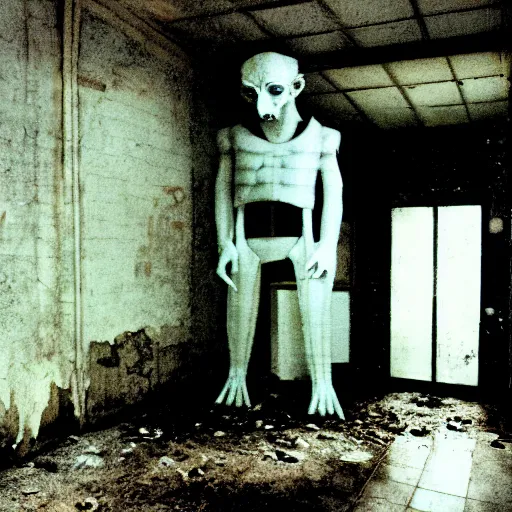 Image similar to photograph of the interior abandoned soviet research lab, weird humanoid monster in the background, liminal space, rundown, backrooms, fluorescent lights, surreal ambiance, film grain, polaroid, brutalist, artstation
